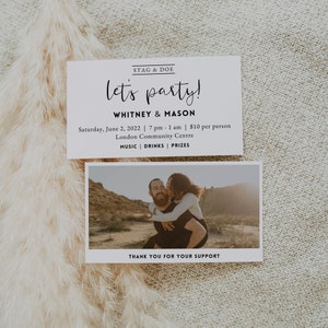 May include: A white invitation card with black text announcing a party for Whitney and Mason. The text reads "Stag & Doe let's party! Whitney & Mason Saturday, June 2, 2022 | 7 pm - 1 am | $10 per person London Community Centre MUSIC | DRINKS | PRIZES Thank you for your support". A photo of a couple is below the text.