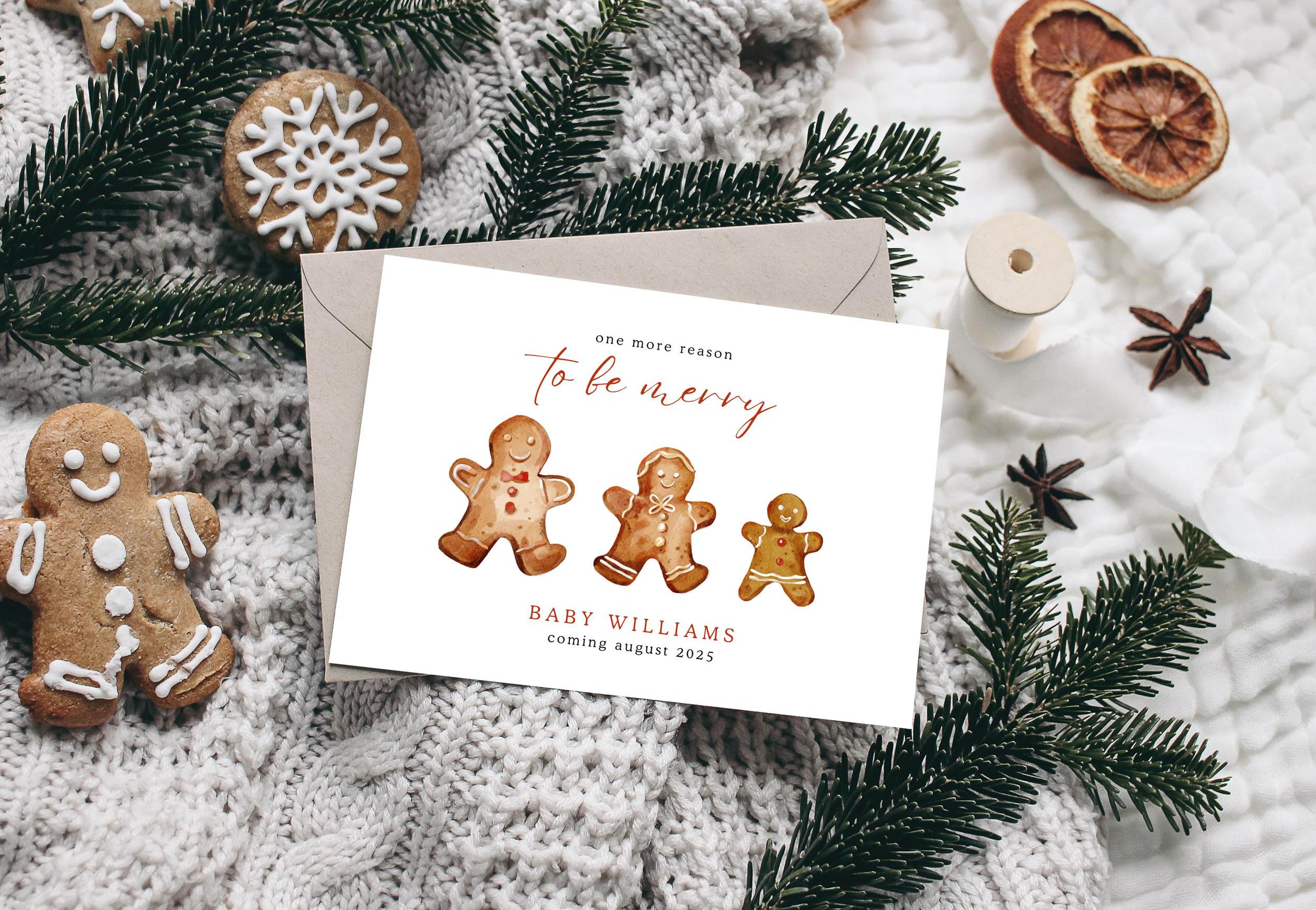 Christmas Pregnancy Announcement Card, Gingerbread, Merry Card -  Editable Canva Template