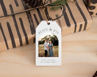 Frieden und Freude Geschenkanhänger, druckbare Weihnachtsgeschenkanhänger, anpassbare Fotourlaub Geschenkanhänger - Bearbeitbare Canva Vorlage