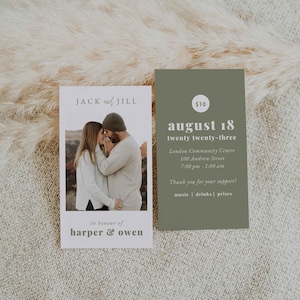 May include: A green and white invitation for a wedding reception for Jack and Jill in honor of Harper and Owen. The invitation includes the date, time, and location of the event. The reception will be held on August 18, 2023 at the London Community Centre, 100 Andrew Street, from 7:00 pm to 1:00 am. The invitation also includes the text "Thank you for your support!" and a list of activities that will be available at the reception, including music, drinks, and prizes.