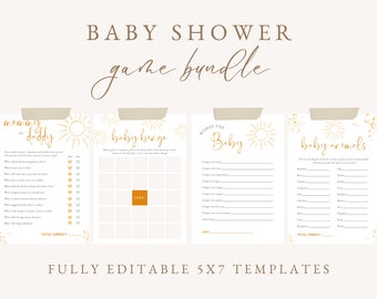 Sunshine Baby Shower Games, 4er-Set - Sunshine Printable Duschspiele - Bearbeitbare Canva Vorlage