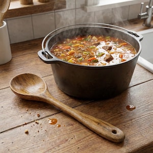 Puede incluir: Una olla humeante de estofado con verduras y carne visibles se encuentra sobre una encimera de madera. Una cuchara de madera grande descansa junto a la olla. El estofado es una mezcla de rojo, naranja y verde.