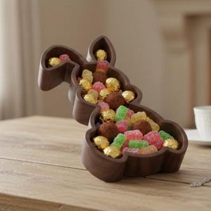 Può includere: Una ciotola di legno marrone scuro a forma di coniglio piena di caramelle assortite. La ciotola è su un tavolo di legno e le caramelle includono tartufi al cioccolato e caramelle gommose colorate.