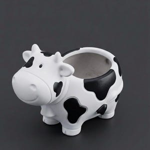 May include: A ceramic cow-shaped planter in white with black spots. The planter has a large opening for plants and is designed to sit on a flat surface. The cow has a smiling face and is a decorative item.