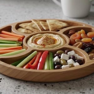Op de afbeelding: Een ronde houten serveerschaal met meerdere compartimenten. De schaal is gevuld met hummus, pitabrood, verse groenten, olijven, kaas en gedroogd fruit. De schaal staat op een gespikkelde aanrecht.