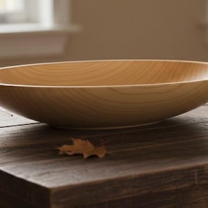 Puede incluir: Un cuenco de madera clara con forma ovalada y lisa. El cuenco está sobre una mesa de madera oscura, con algunas hojas secas esparcidas alrededor. El interior del cuenco muestra la veta natural de la madera.