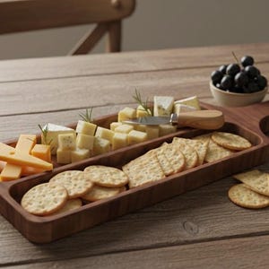May include: A wooden cheese board with various cheeses, crackers, and a small bowl of grapes. The board has a handle and is filled with cheddar, brie, and other cheeses. The crackers are round and rectangular. Walnuts and cranberries are scattered around.