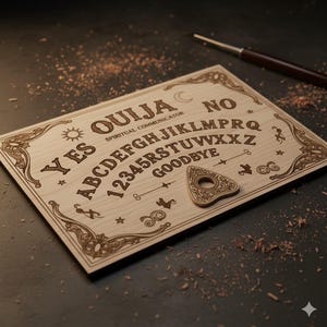 May include: A light-coloured wooden Ouija board with engraved letters, numbers, and symbols. The board includes the words "YES", "NO", and "GOODBYE", along with a planchette. The board is a spiritual communicator.