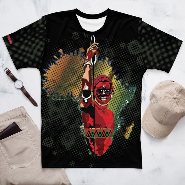 African T-shirt - Men's Jersey - Shujaa African Map T-shirt - Masai Warrior T-shirt - All Over Print Jersey T-shirts