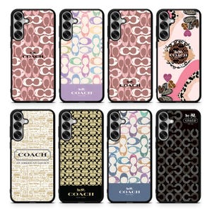 May include: A collection of eight phone cases featuring various Coach designs. The cases showcase patterns in shades of pink, brown, beige, and black. Some cases have the Coach logo, while others display the brand's signature "C" pattern.