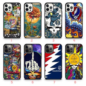 May include: A collection of eight phone cases with various designs. The cases feature vibrant artwork, including a rose, a dancing bear, a skull, and the text "SUBLIME". The cases are designed to fit a smartphone.