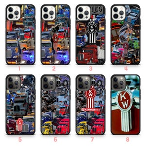 May include: Eight phone cases featuring various designs of semi-trucks. The cases showcase different truck models in various colors, including red, blue, and yellow. Some cases feature the Kenworth logo. The cases are designed for a phone.