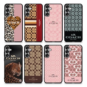 May include: A collection of Coach phone cases in various designs. The cases feature patterns like leopard print, the Coach logo, and a brown and tan pattern. Colors include pink, black, and brown.