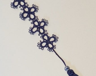 Tatted Navy Lace Bookmark, Beaded Tassel, Gift for Teacher/Reader, Gift Boxed