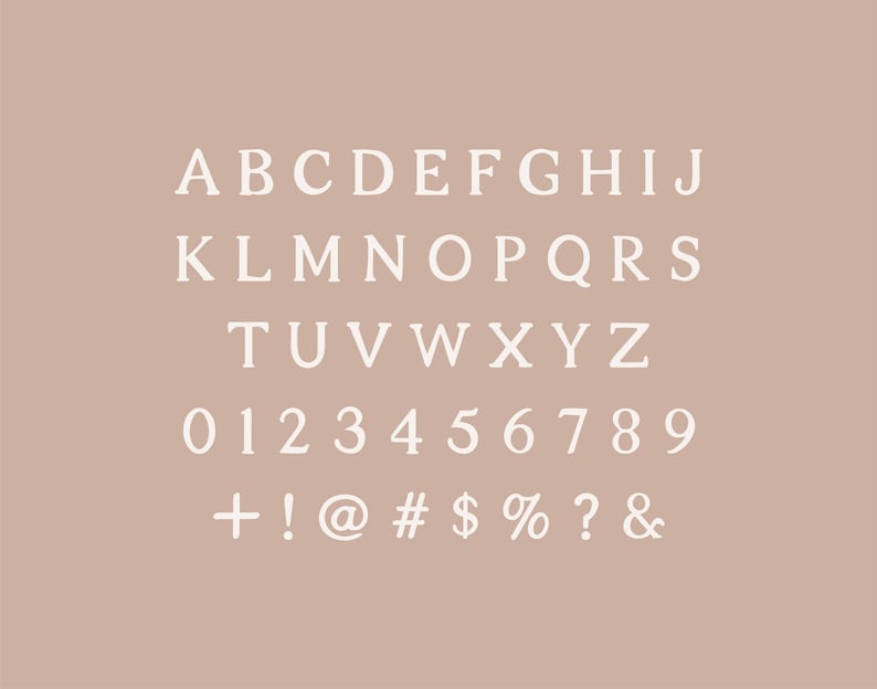 May include: White serif font alphabet, numbers, and symbols on a light brown background. The letters A through Z are displayed in three rows, followed by numbers 0 through 9, and then symbols including +, !, @, #, $, %, ?, and &.