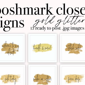 Könnte beinhalten: Ein Satz von 13 digitalen Bildern zur Verwendung auf Poshmark. Die Bilder zeigen goldenen Glitzertext auf weißem Hintergrund. Der Text enthält Sätze wie "Willkommen in meinem Kleiderschrank", "Bundle & Save" und "Flash Sale".