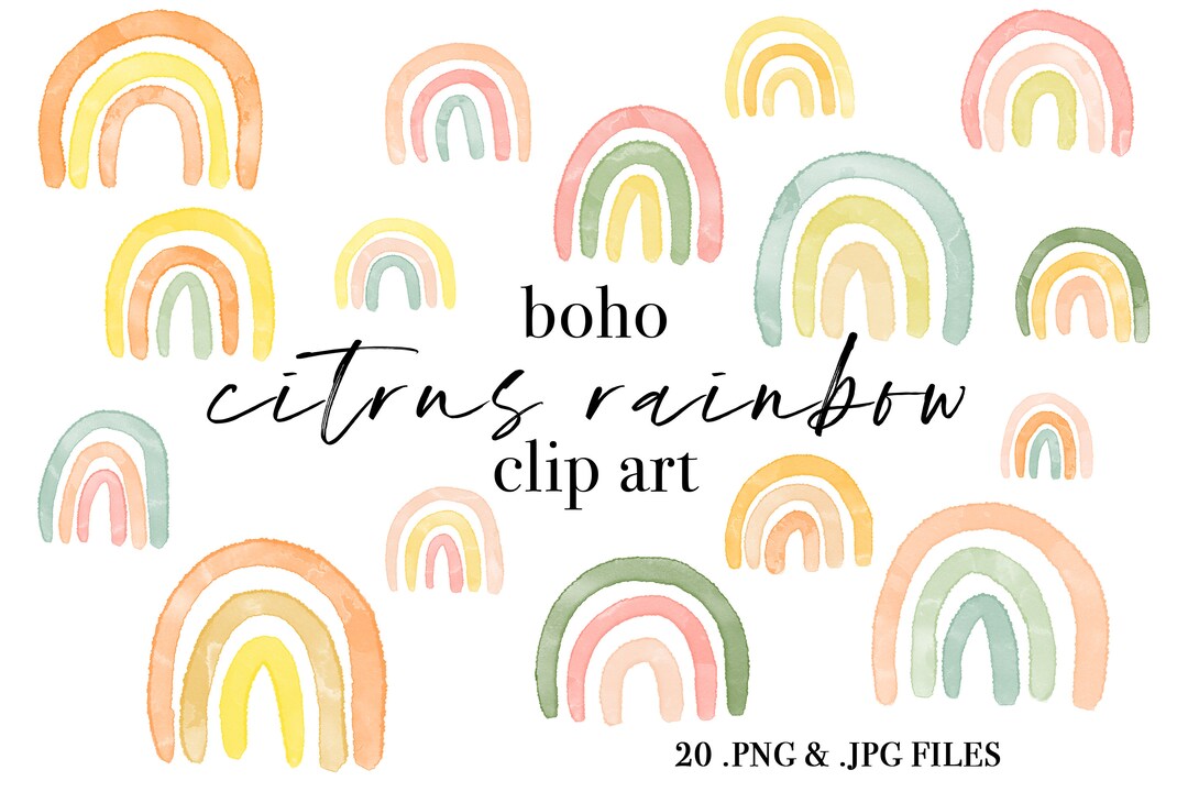 Boho Rainbow Watercolor Clipart Hand Drawn Painted Set of 20 Clipart ...