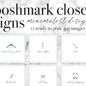 Könnte beinhalten: Eine Sammlung minimalistischer Poshmark-Kleiderschilder. Die Schilder zeigen einfache Strichzeichnungen und Texte, darunter "welcome to my closet", "make an offer" und "sale". Das Bild enthält den Text "13 ready to post .jpg images".