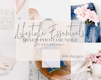 Lifestyle Essentials Stock Photo Bundle / Lifestyle Stock Photos / 15 LittleOlivePress Images for Your Business / Pink Blush Flowers Mockups