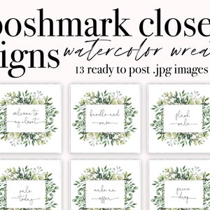 Könnte beinhalten: Dreizehn Aquarell-Girlanden-Schilder mit Textüberlagerungen für die Verwendung auf Poshmark. Die Schilder zeigen einen grünen Kranz mit einem weißen Quadrat in der Mitte. Der Text auf den Schildern lautet "Willkommen in meinem Kleiderschrank", "Paket und sparen", "Blitzverkauf", "Verkauf heute", "Mach ein Angebot" und "Preis senken".