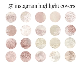 Pode incluir: 25 capas de destaque do Instagram com um design de mármore rosa e branco. As capas têm um efeito de brilho sutil.