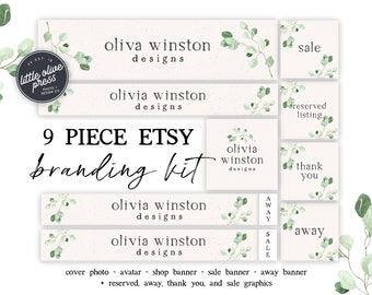 Kit de marca Etsy, conjunto de loja Etsy, conjunto de loja Etsy em aquarela verde, foto de capa Etsy, pacote de marca, conjunto de banner Etsy