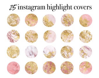 Pode incluir: 25 capas de destaque do Instagram com designs de mármore rosa e dourado. As capas são circulares e perfeitas para adicionar um toque de elegância às suas redes sociais.