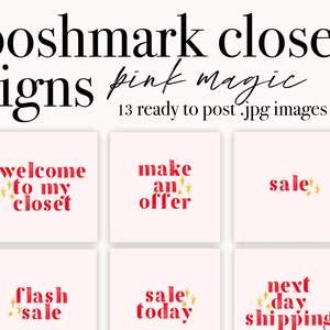 Könnte beinhalten: Ein Satz von 9 pinkfarbenen und roten Social-Media-Grafiken mit goldenen Sternen für einen Poshmark-Schrank. Die Grafiken enthalten den Text: "Willkommen in meinem Kleiderschrank", "Mach ein Angebot", "Verkauf", "Blitzverkauf", "Verkauf heute", "Lieferung am nächsten Tag".