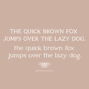 May include: A beige background with white text that reads "THE QUICK BROWN FOX JUMPS OVER THE LAZY DOG." and "the quick brown fox jumps over the lazy dog." A butterfly graphic is below the text.