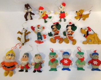 Vintage Disney Flocked Christmas Character Ornaments Lot Pluto Mickey Dwarfs Tigger Chipmunk, 16 Piece