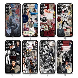 May include: A collection of eight phone cases featuring various designs related to Elvis Presley. The cases showcase collages of images, text, and graphics, including the words "Rock Roll" and "Elvis Presley."