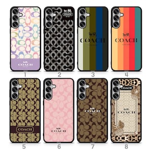 May include: Collection of eight phone cases with various designs. Cases feature the "COACH" logo and patterns, including a rainbow pattern, black interlocking Cs, vertical stripes, and a brown logo pattern. Some cases have the text "COACH NEW YORK".
