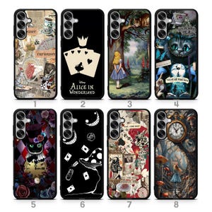 May include: A collection of eight phone cases featuring designs inspired by "Alice in Wonderland." The cases showcase various scenes and characters, including Alice, the Cheshire Cat, and playing cards. Each case has a black border and a unique graphic.