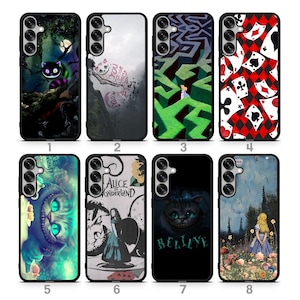 May include: A collection of eight phone cases featuring designs inspired by "Alice in Wonderland." The cases showcase various scenes and characters, including the Cheshire Cat, playing cards, and Alice herself. The cases are black with colorful graphics.
