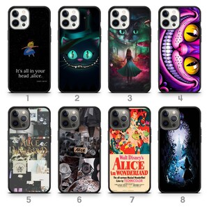 May include: Collection of eight phone cases featuring designs inspired by "Alice in Wonderland." Designs include Alice, the Cheshire Cat, and movie posters. Cases are black with various colorful illustrations.