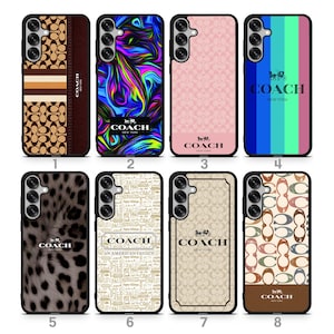 May include: Collection of eight phone cases with various designs. Includes cases with the Coach logo, a brown and tan pattern, a colorful swirl, a pink pattern, a leopard print, and a striped design.