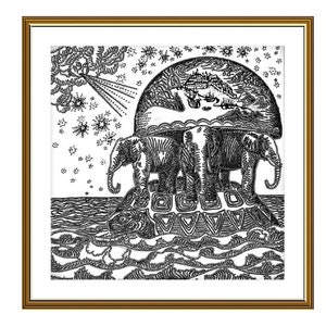 May include: A black and white illustration of a world supported by three elephants standing on a turtle, all floating on a wavy sea. The world is depicted as a sphere with a city on top. The sky above is filled with stars.