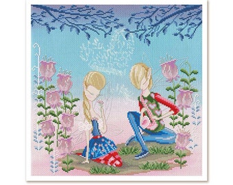 Date cross stitch embroidery kit *** FREE SHIPPING two fairies in love embroidery kit cute cross stitch pattern with simple beading decor