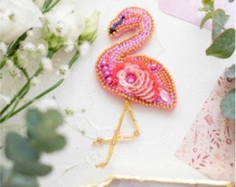 Flamingo brooch bead embroidery kit *** FREE SHIPPING pink bird beaded brooch beading kit jewelry making set