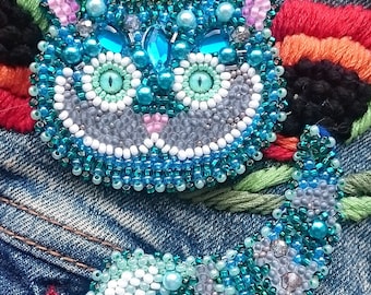 Cheshire Cat double brooch bead embroidery kit *** FREE SHIPPING cat brooch beading kit easy DIY handmade brooch beaded jewelry