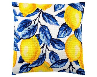 Kit de bordado frontal de travesseiro de limões *** FRETE GRÁTIS estilo mediterrâneo capa de almofada de frutas meia ponto cruz kit de bordado fácil DIY para casa