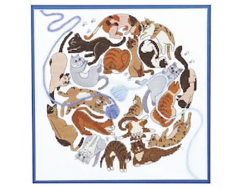 May include: A cross-stitch design featuring a circle of various cat breeds in playful poses. The cats are in shades of brown, orange, gray, and black, with blue yarn and paw prints. The artwork is framed with a blue border.