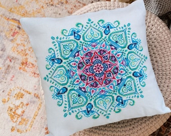 Mandala pillow cross-stitch kit *** FREE SHIPPING mandala counted cross embroidery kit cross-stitch pillow pattern blue and pink mandala kit