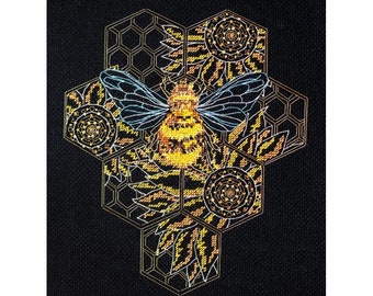 May include: A yellow and black bee with translucent wings is surrounded by a honeycomb pattern with stylized sunflower designs in gold and black.