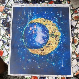 De Nacht Shone kralen kunst canvas met gedrukte kaart *** GRATIS VERZENDING maan en bloemen kleurrijke kraal borduurwerk afgedrukte kaart