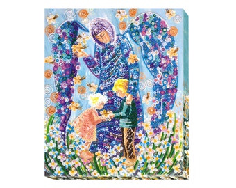 May include: A beaded painting depicting an angel with wings made of flowers, holding a hand out to a child. The angel is wearing a blue robe with a purple trim. The child is wearing a pink dress. The background is a light blue sky with white clouds.