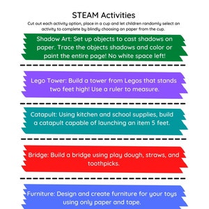 STEAM Activities - Boredom Buster - Creative Ideas - Homeschool - Kids - Challenge - Printable - STEM - Summer Activities