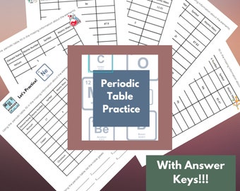 May include: A collection of worksheets for practicing the periodic table, featuring fill-in-the-blank exercises for element names, atomic numbers, symbols, and atomic mass. The central image displays "Periodic Table Practice" with answer keys.