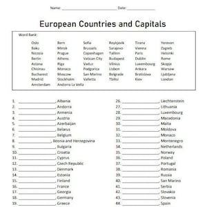 Europese landen en hoofdsteden - Homeschool afdrukbaar - Geografie - 8,5 x 11 - Digitale download