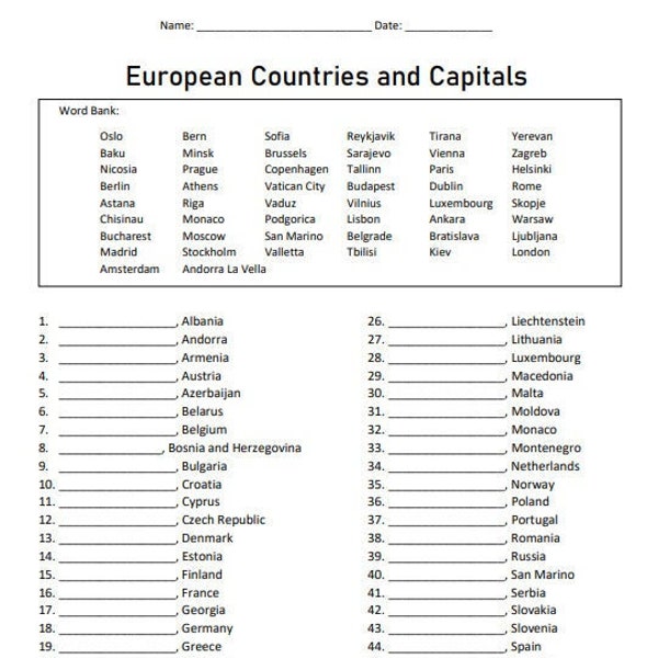 European Countries and Capitals - Homeschool Printable - Geography - 8.5 x 11 - Digital Download